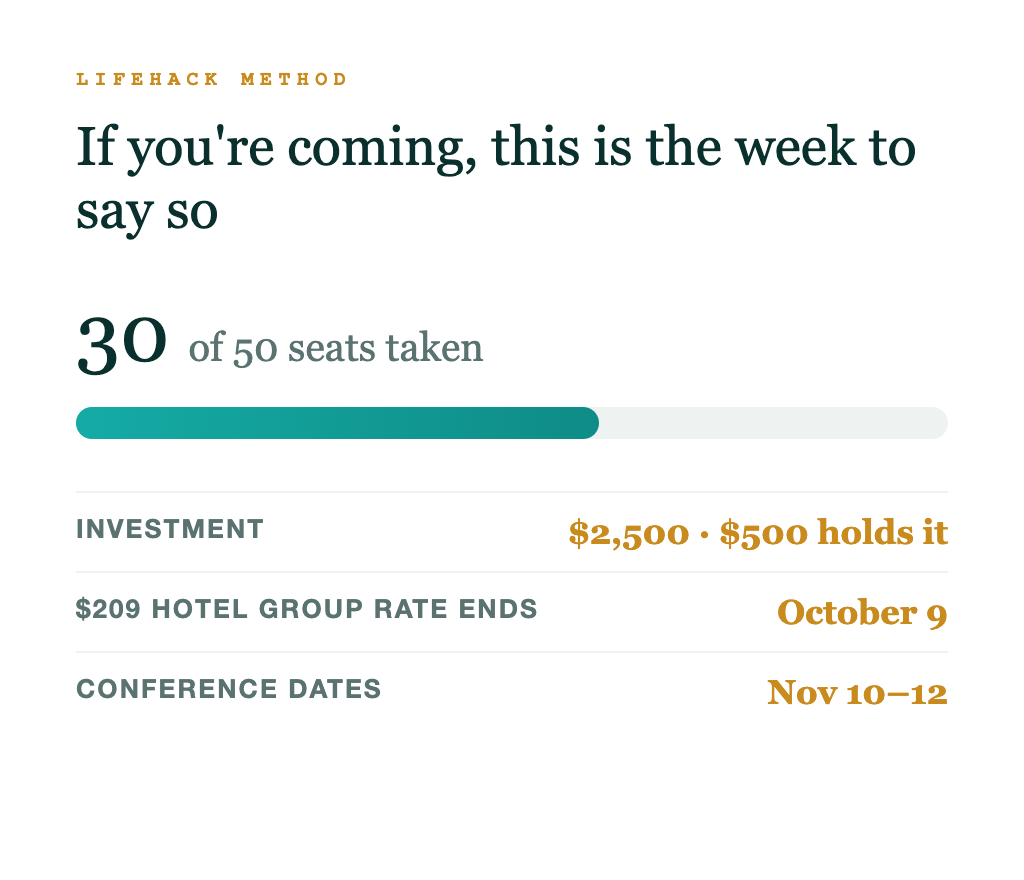 30 of 50 seats taken. Investment $2,500, a $500 deposit holds it. The $209 hotel group rate ends October 9. The conference runs November 10-12.